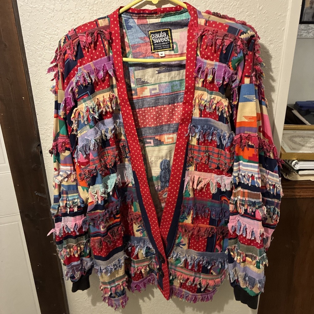 VTG 80s PAULA SWEET Size Medium Red Magenta Fringe Muslin Mink Shaggy Jacket ART